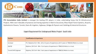 ITD Cementation India Limited Recruitment ITI, Diploma and BE Civil Candidates for Underground Metro Project in South India