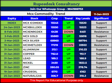 Mcx Commodity Intraday Trend Rupeedesk Reports - 11.01.2023