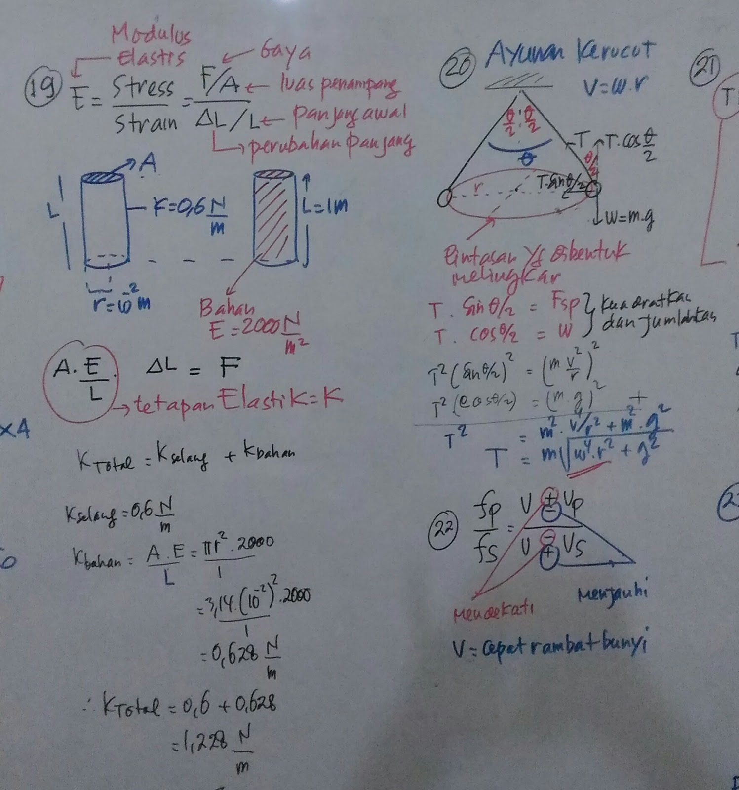 Penjelasan untuk no 20 adalah perlu diketahui 2 persamaan yang muncul yaitu Ts = w dan T sin = Fsp dimana Fsp adalah a sentripetal