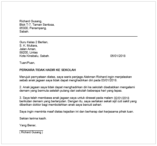 Contoh Surat Rasmi Tidak Hadir Ke Sekolah Kerana Cuti Sakit.