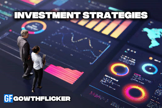 Business professionals analyzing financial dashboards and charts representing investment strategies with bold text 'Investment Strategies'