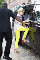 Kylie Minogue in yellow neon jeans signing autographs in Hamburg