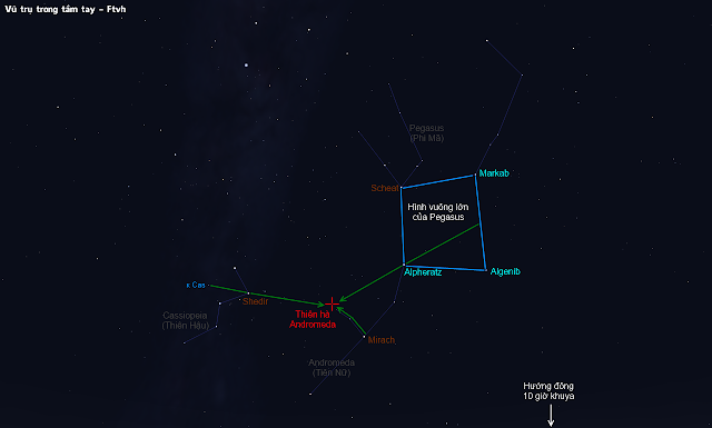 Tìm ra thiên hà Andromeda từ chòm sao Pegasus và Cassiopeia.