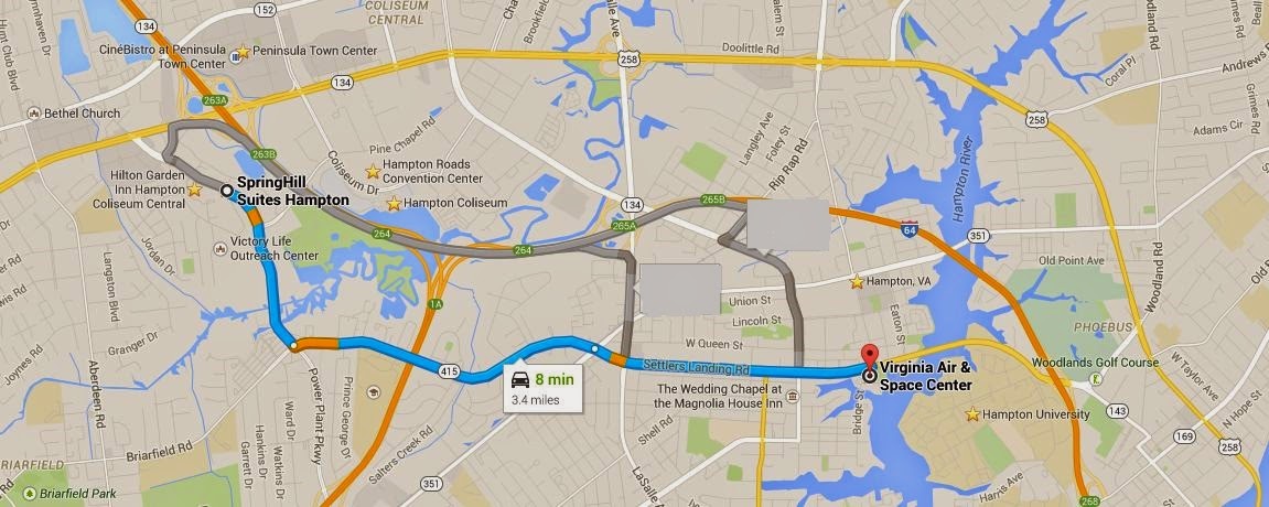 map showing Virginia Air & Space Center is 8 miles/ 3 minutes from SpringHill Suites Hampton Virginia