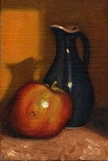 Oil painting of a blue porcelain sauce jug beside a red and green apple.