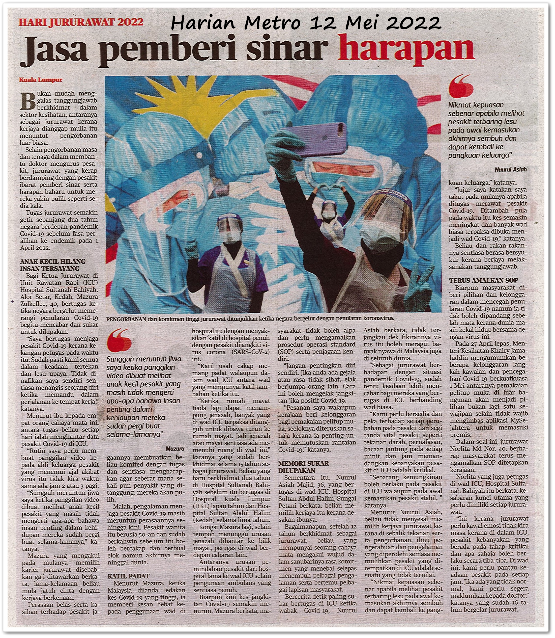 Jasa pemberi sinar harapan ; Hari Jururawat 2022 - Keratan akhbar Harian Metro 12 Mei 2022