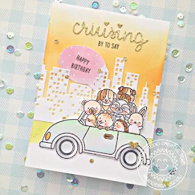 Sunny Studio Stamps: Cruising Critters & Cityscape Border Dies Critters in Car Birthday Card by Franci Vignoli
