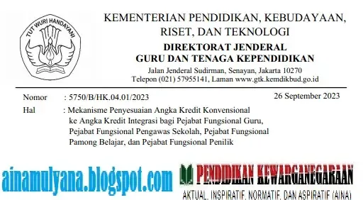 SE Surat Eadaran Dirjen GTK Kemendikbudristk tentang Mekanisme Penyesuaian Angka Kredit Konvensional ke Angka Kredit Integrasi