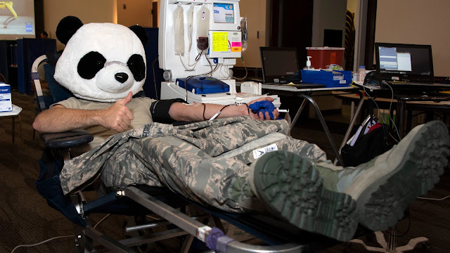 U.S. Air Force Senior Airman Adam Stainiger, 60th Diagnostics and Therapeutics Squadron, wears a panda mask as he donates blood, Oct. 17, 2018, Travis Air Force Base, Calif. (U.S. Air Force photo by Heide Couch)