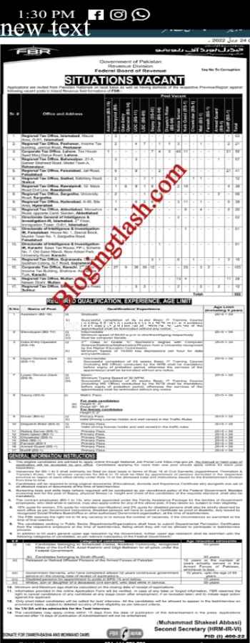 vacancies for government job at Federal Board of Revenue FBR