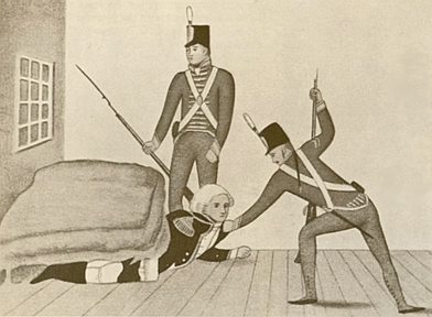 NSW Governor William Bligh being pulled out from under the bed during the Rum Rebellion