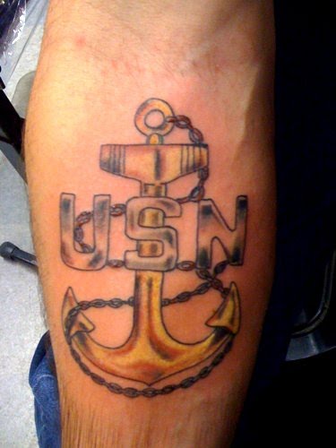 Gold navy anchor tattoo. Gold navy anchor tattoo.