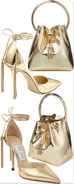 ♦Jimmy Choo gold mirror fabric mini Bon Bon bag & Eris gold liquid metal leather pointed pump #jimmychoo #shoes #bags #gold #brilliantluxury