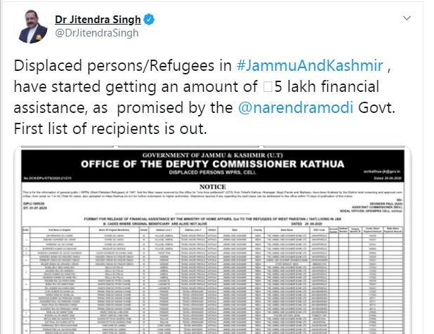 Financial Assistance To J&K Displaced Persons ( Including Valmiki Family )