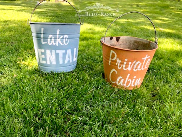 Painted Stenciled Galvanized Buckets, Bliss-Ranch.com