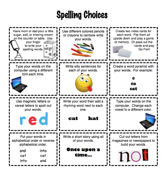 http://www.teacherspayteachers.com/Product/Spelling-Homework-Activity-Menu-1411146