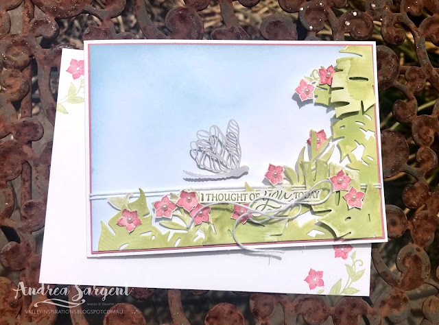A floral card with watercolour die-cut leaves using Tranquil Thoughts stamps and dies by Andrea Sargent at Valley Inspirations in the Adelaide foothills, Australia.