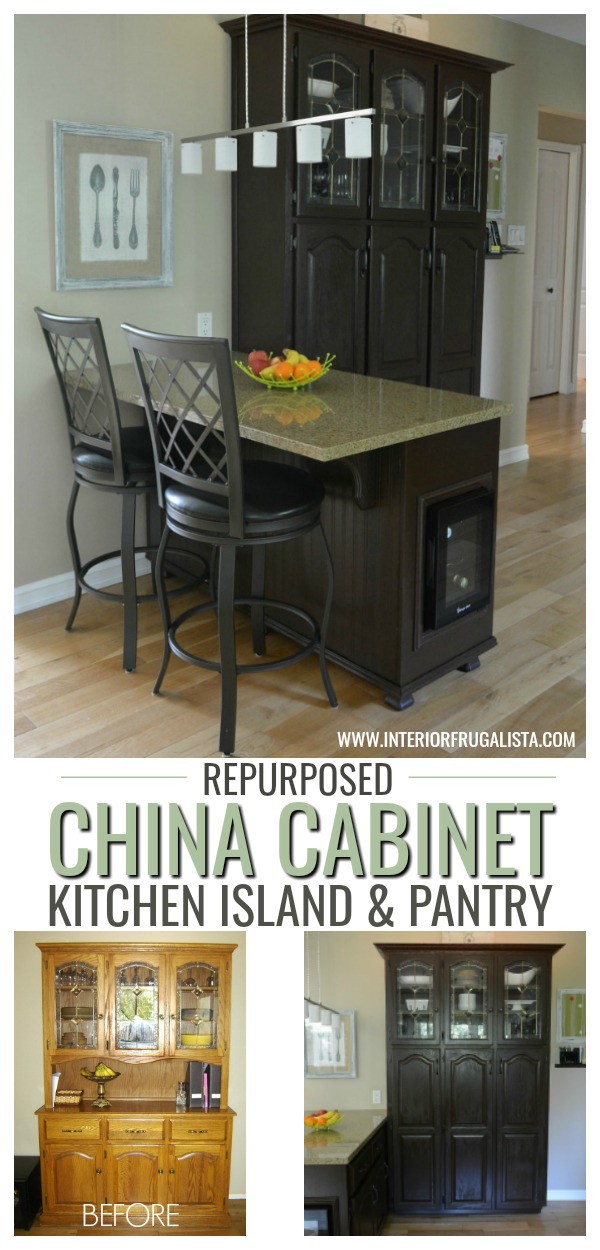 A clever China Cabinet Hack! How to repurpose a small dining hutch into a kitchen pantry AND small kitchen island for a budget kitchen makeover idea. #chinacabinethack #dininghutchhack #repurposedfurniture