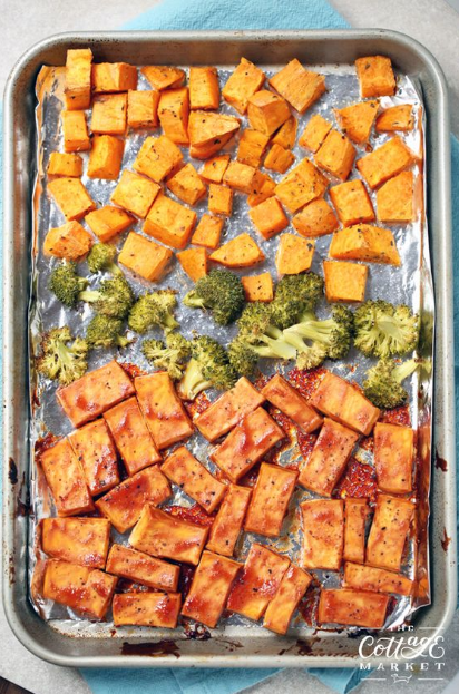 If you are looking for a quick and easy meal...you must try our BB! Tofu with Sweet Poatotes and Broccoli Sheet Pan Meal!