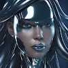 Nahaufnahme einer futuristischen Frau mit metallischer Haut und silberblauen Reflexen. Die Haare sind aus Silberblauem flüssigem Metall, erstellt mit Ideogram.
