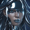 Close-up of a futuristic woman with metallic skin and silvery-blue highlights. The hair is liquid metallic silver-blue, created with Ideogram.