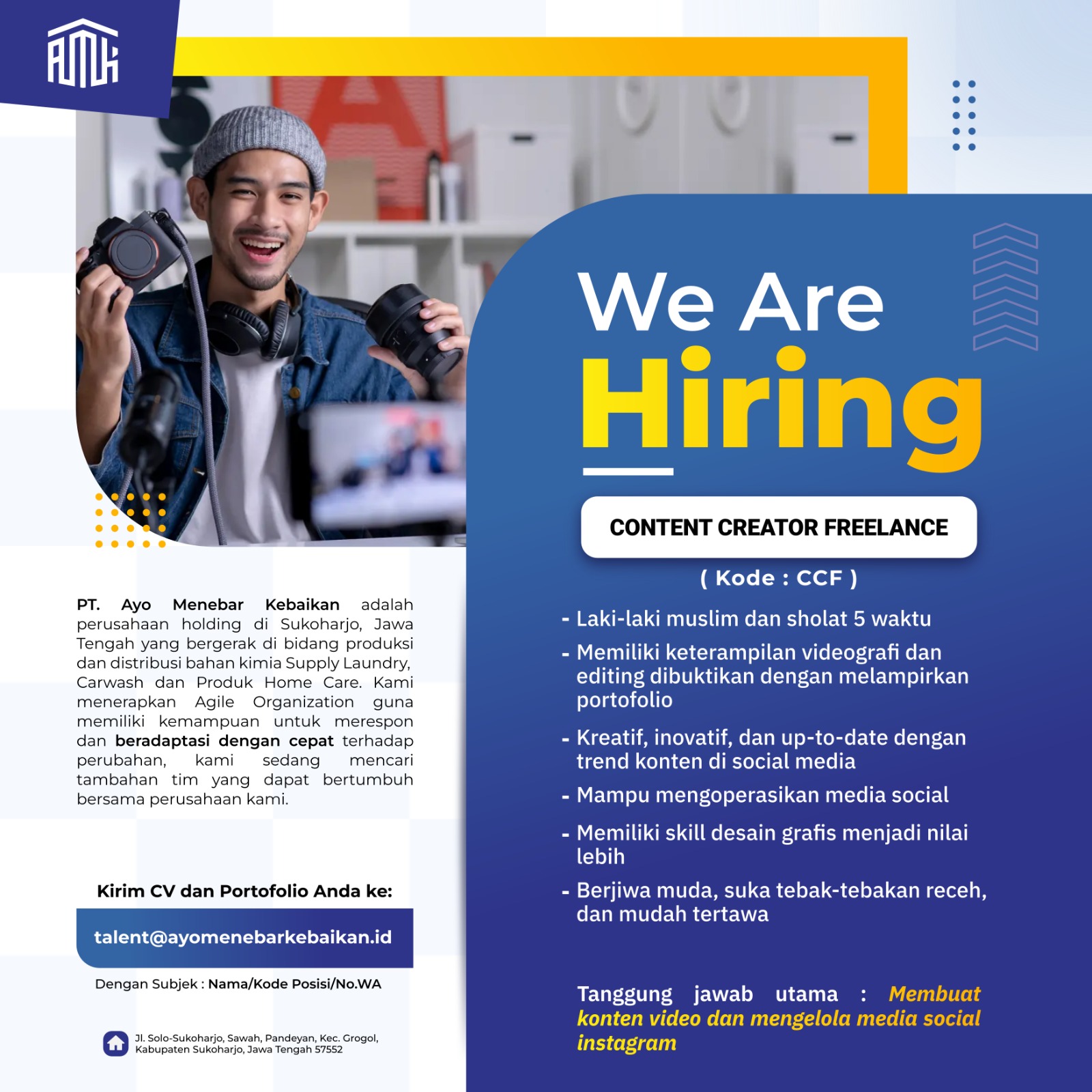 Loker PT Ayo Menebar Kebaikan Sukoharjo Content Creator Freelance, dll
