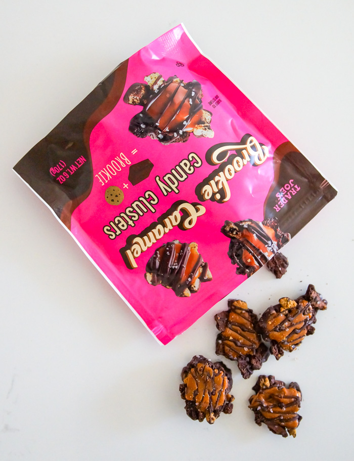 Trader Joe's Brookie Caramel Candy Clusters spilling out of bag