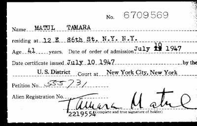 U.S. Naturalization card for Tamara Matul