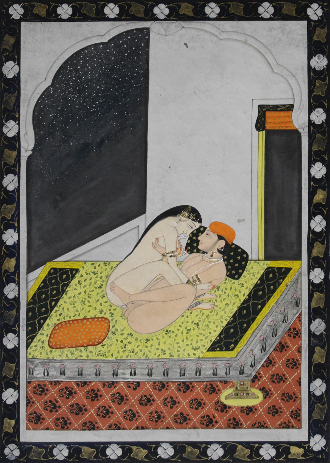 Couple+lie+in+lovemaking+asana+(position)+on+a+palace+terrace+at+night+-+Kangra+c.1830-40