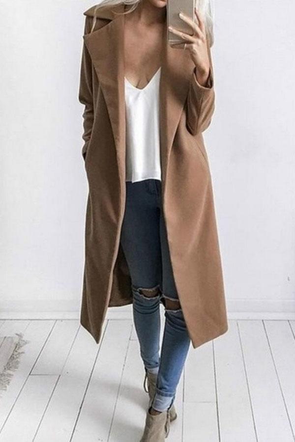 Fold Over Collar Snap Front Plain Outerwear