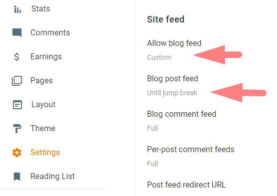 blogger site feed setting