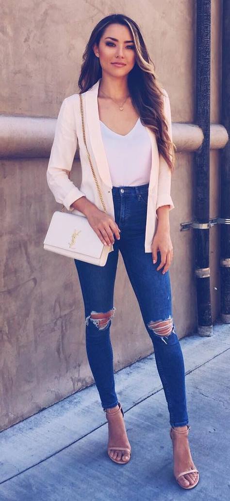 fashionable outfit idea: blush jacket + top + bag + rips + heels