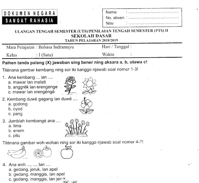 Download Soal Penilaian Tengah Semester (PTS) Genap Pelajaran Bahasa Indramayu Kelas I SD Terbaru Tahun 2019