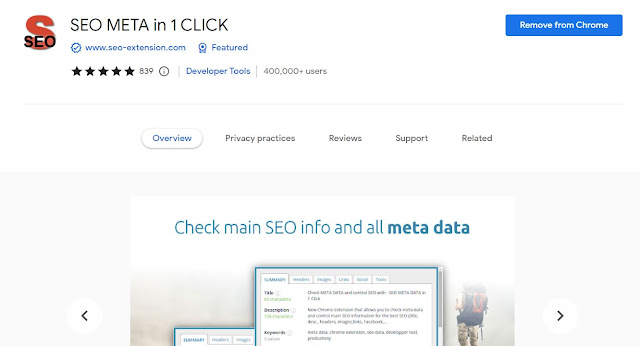 SEO META in 1 CLICK: Obtenga títulos de página, meta descripciones y más. La extensión SEO META in 1 CLICK muestra información de cualquier sitio web en cinco categorías diferentes: Título, imagen, Enlace , Social , instrumentos externos. También proporciona una página de "Resumen" para las cinco categorías. La pestaña Resumen proporciona información sobre el título de la página, la meta descripción, las meta palabras clave, la URL, el autor y más. En la pestaña Encabezados, encontrará información sobre cada encabezado que comienza con la etiqueta h1. La pestaña Imágenes muestra cuántas imágenes hay en la página, así como información alternativa o de encabezado. La pestaña Enlaces mostrará el número total de enlaces, enlaces internos e incluso el número de enlaces en la página que no tienen una etiqueta de título. Esto es útil para verificar si a sus páginas les faltan elementos de SEO. La pestaña Social muestra información de Facebook Open Graph y Twitter sobre la página. En la pestaña "Herramientas externas" encontrarás más herramientas SEO recomendadas por SEO META in 1 CLICK.