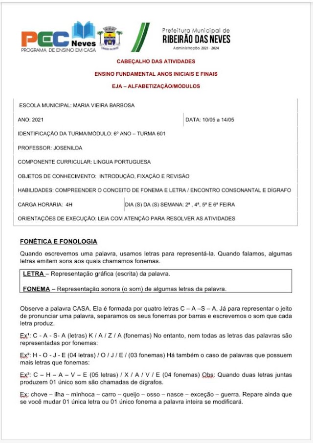 Atividade de Língua Portuguesa - 6° ano - 10/05 à 14/05 - Turma 601