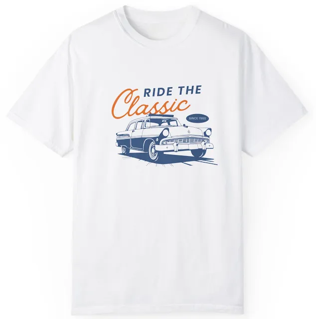 Comfort Colors Vintage Car T-Shirt With Blue and Orange Minimalist Modern Vintage Retro Car and Caption Ride The Classic
