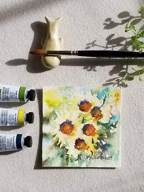  "Soakin' In the Warmth of Sun" Sunflowers in watercolor 4"x4" by Christy Sheeler, artist 2019.