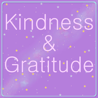 [Image Description] Light purple square covered in a field of stars.  Words read "Kindness and Gratitude."