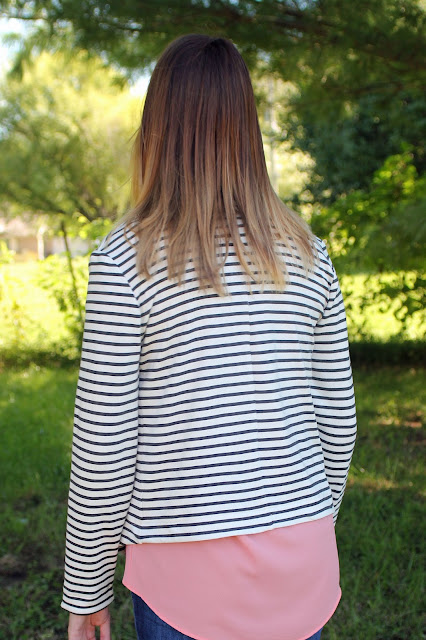 Grainline Studio Morris Blazer in a stripe ponte from Mood Fabrics for my daughter - back view