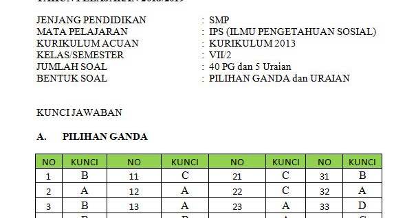 Soal Dan Kunci Jawaban Pat Smp Kelas 7 Kurikulum 2013 Semua Mata