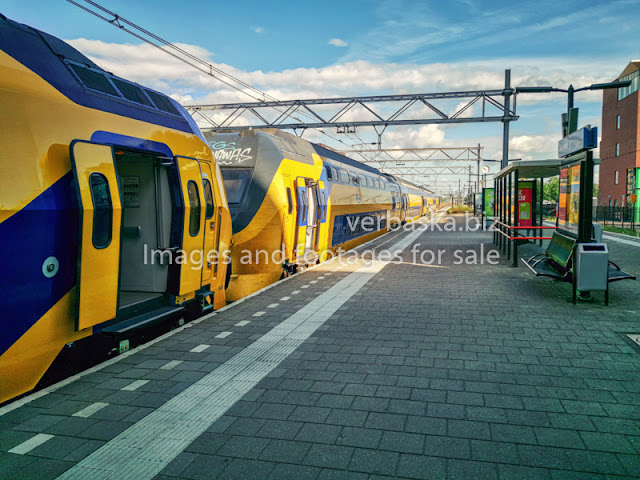 Open wagon doors of the yellow-blue NS train. Clean empty platform paved by grey tiles. Unoccupied benches.