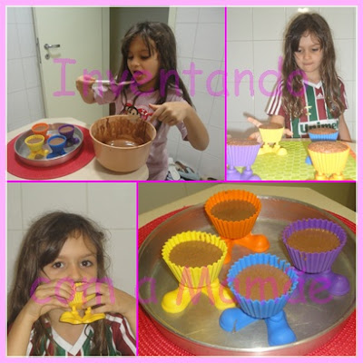 Crianças na cozinha fazendo cupcake de chocolate
