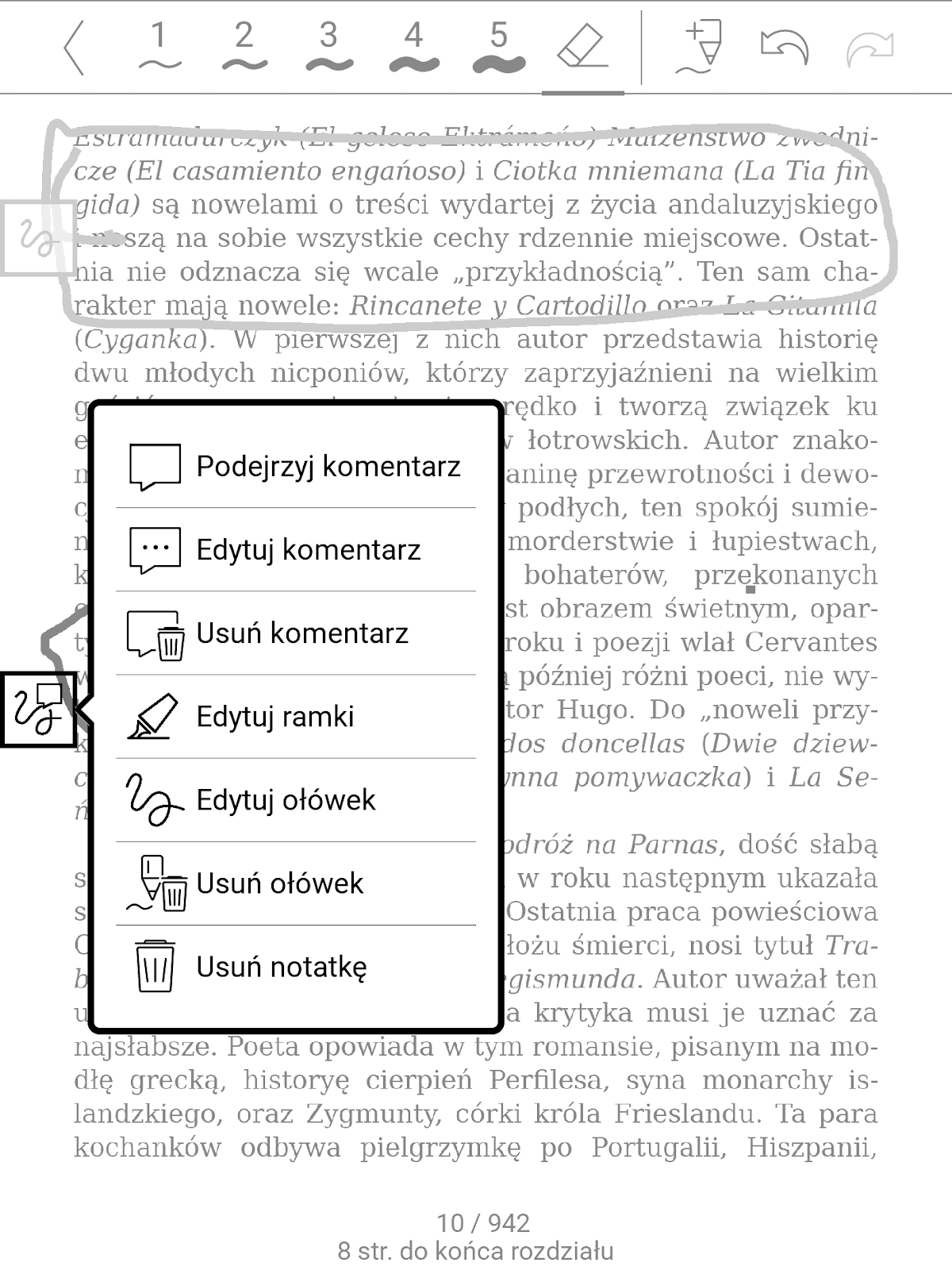 PocketBook InkPad 4 – menu pojawiające się po kliknięciu w ikonę graficznych notatek