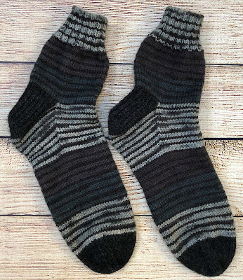 Top-down vanilla socks knitted with Patons Kroy Tourmaline Stripes and Gentry Grey