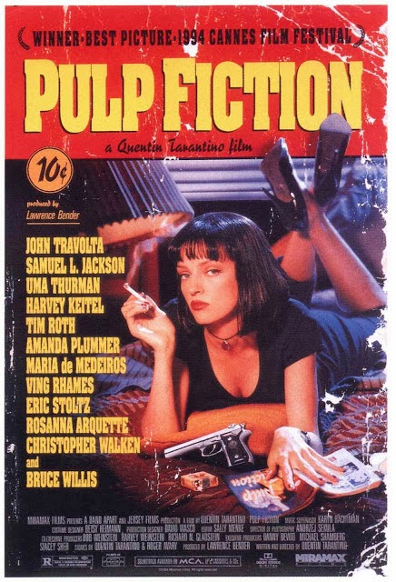 Pulp Fiction, Directed by Quentin Tarantino, starring John Travolta, Samuel L. Jackson, Uma Thurman, Tim Roth, and Harvey Keitel.