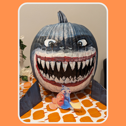 Pumpkin decorated as Bruce the shark from Finding Nemo
