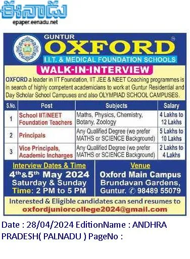 Guntur, Oxford IIT Medical Foundation Schools Teacher, Principals, Academic Incharges Jobs Recruitment 2024 Walk In Interview