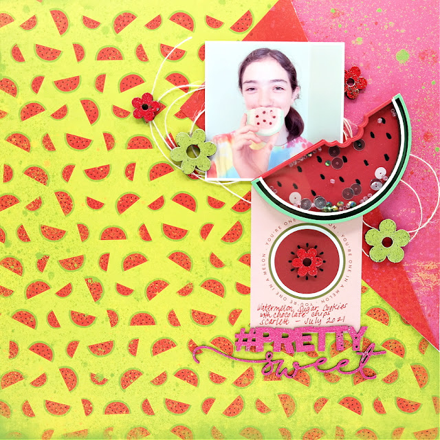 Pretty Sweet Watermelon Sugar Cookie Scrapbook Layout with Watermelon Slice Shaker Embellishment