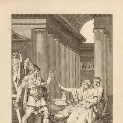 Η Ιοκάστη κατηγορεί τον Ετεοκλή. Velyn, Philippus, 1801-5, χαλκογραφία για τη "Θηβαΐδα", από την εικονογραφημένη έκδοση "Άπαντα του Ρακίνα". Η Ιοκάστη καθισμένη σε θρόνο κατηγορεί τον Ετεοκλή που έχει έρθει από το πεδίο της μάχης, όπου πολεμά εναντίον του αδερφού του Πολυνείκη. Στα πόδια της Ιοκάστης είναι γονατισμένη η Αντιγόνη. Πίσω από την Ιοκάστη βρίσκεται η ακόλουθός της Ολυμπία που προσπαθεί να τη συγκρατήσει αγκαλιάζοντάς την. Λονδίνο, Βρετανικό Μουσείο, 2011,7059.30 © Trustees of the British Museum