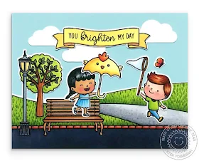 Sunny Studio Blog You Brighten My Day Kids in Park Scene Card (using Spring Scenes, Spring Showers & Banner Basics Stamps)